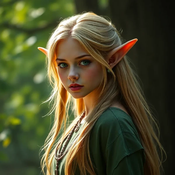 Wide shot, enchanting elf with long pointed ears, young woman, high elf